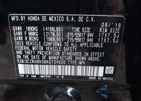 2019 Honda Hr-V Lx z USA, uszkodzony, nr VIN 3CZRU6H36KG734020